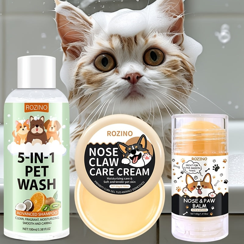 ROZINO 3-teiliges Haustier-Pflegeset: Feuchtigkeitsspendendes Shampoo, Tränenfleckenentferner und Augenbalsam – spendet Feuchtigkeit und erfrischt das Fell und die Augen von Hunden, ROZINO