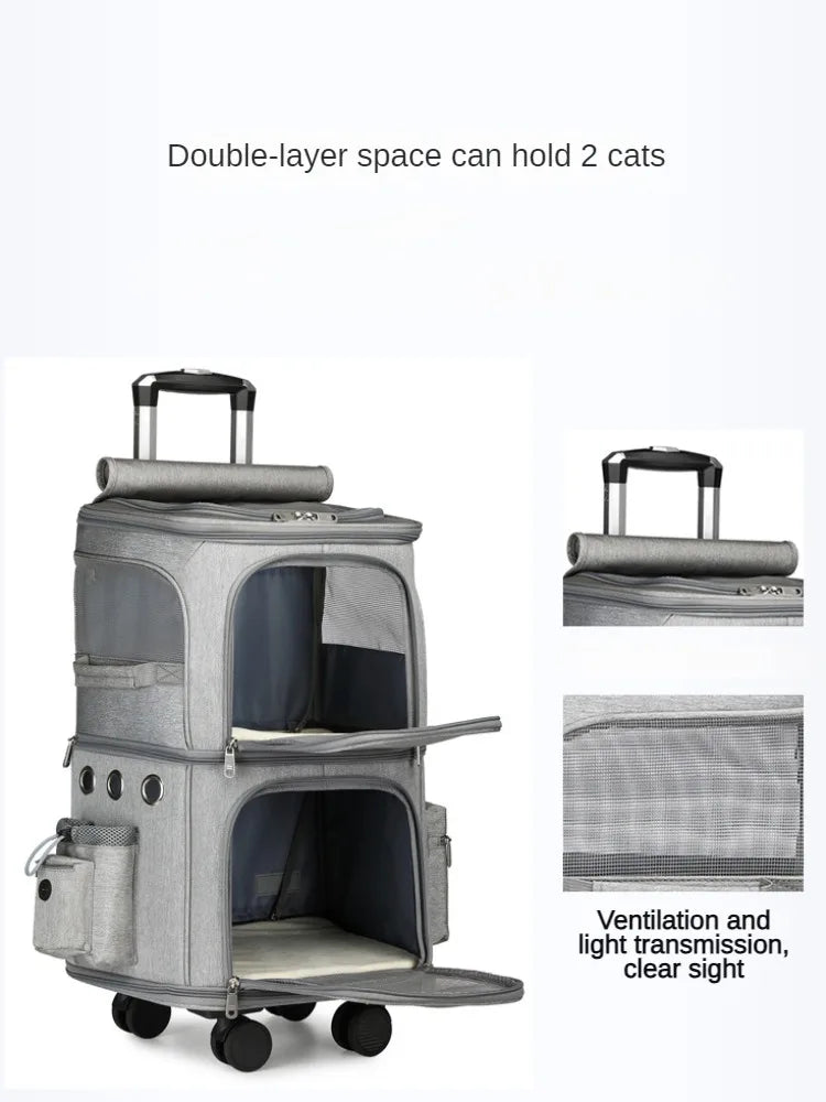 Sac à roulettes double couche pour animaux de compagnie avec roues silencieuses - Sac de transport de voyage portable et respirant pour chats et chiens