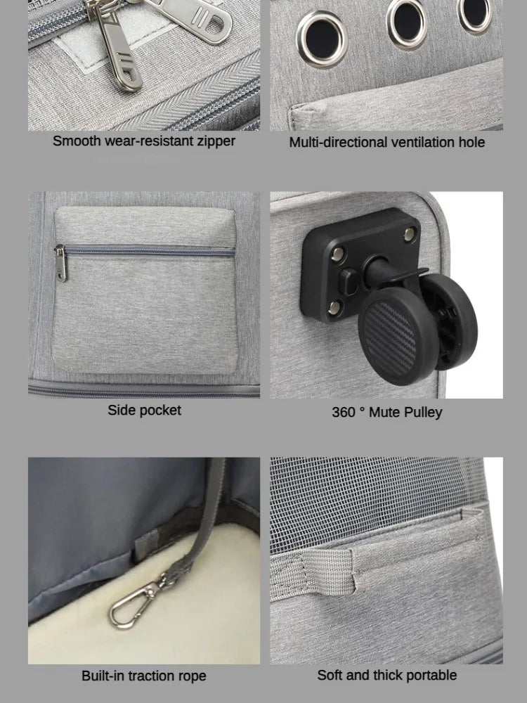 Sac à roulettes double couche pour animaux de compagnie avec roues silencieuses - Sac de transport de voyage portable et respirant pour chats et chiens
