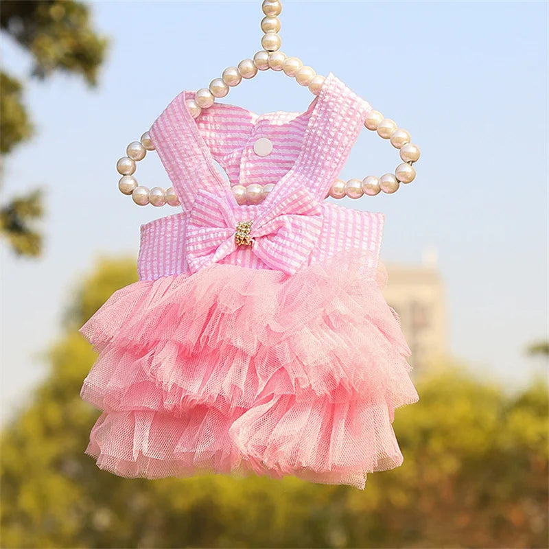 Prinzessinnenkleid für Katzenwelpen – Gestreiftes kariertes Sommerkleid mit Schleife für Katzen, Kätzchen, Kaninchen und kleine Hunde