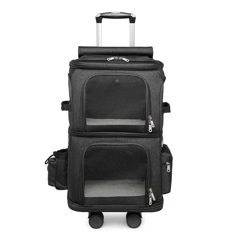 Sac à roulettes double couche pour animaux de compagnie avec roues silencieuses - Sac de transport de voyage portable et respirant pour chats et chiens