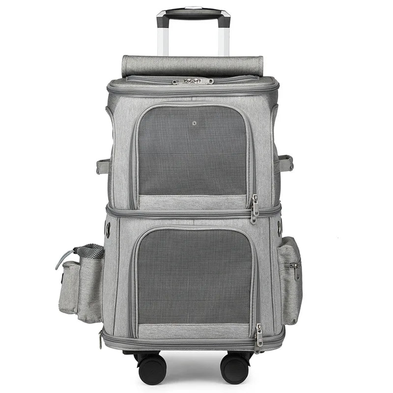 Sac à roulettes double couche pour animaux de compagnie avec roues silencieuses - Sac de transport de voyage portable et respirant pour chats et chiens