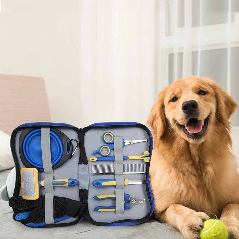 Kit de toilettage pour chat et chien 8 pièces – Brosses multifonctions, coupe-ongles, brosse à dents, brosse de massage pour le bain et bol de voyage