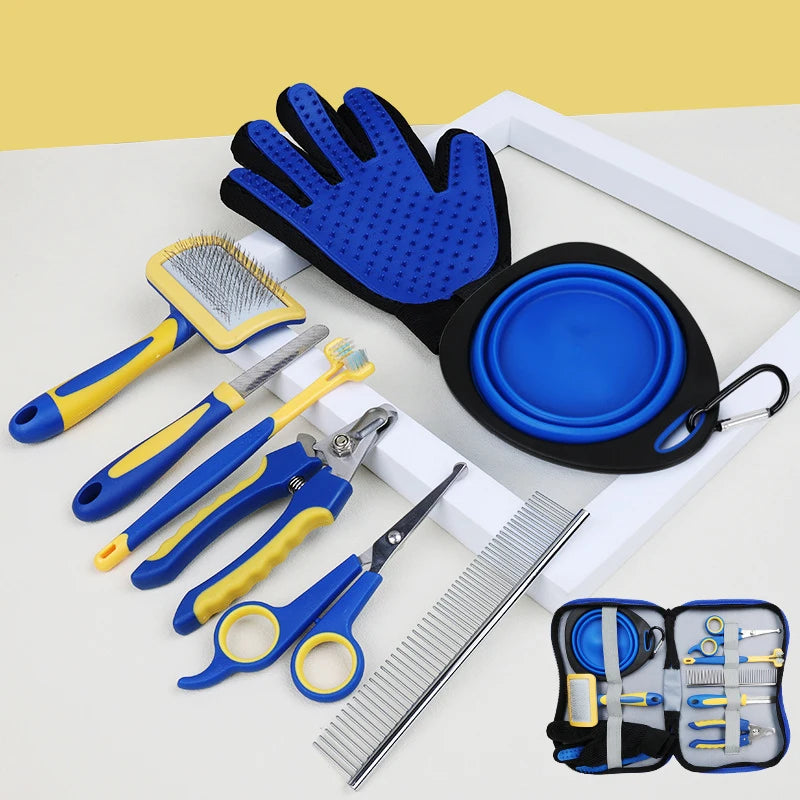 Kit de toilettage pour chat et chien 8 pièces – Brosses multifonctions, coupe-ongles, brosse à dents, brosse de massage pour le bain et bol de voyage