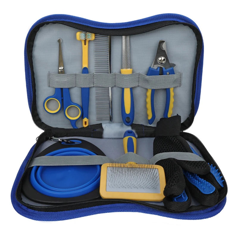 Kit de toilettage pour chat et chien 8 pièces – Brosses multifonctions, coupe-ongles, brosse à dents, brosse de massage pour le bain et bol de voyage