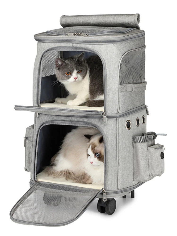 Sac à roulettes double couche pour animaux de compagnie avec roues silencieuses - Sac de transport de voyage portable et respirant pour chats et chiens