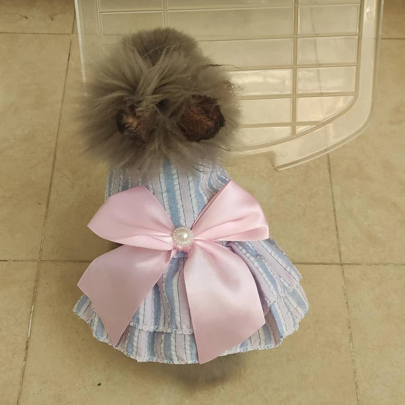 Prinzessinnenkleid für Katzenwelpen – Gestreiftes kariertes Sommerkleid mit Schleife für Katzen, Kätzchen, Kaninchen und kleine Hunde