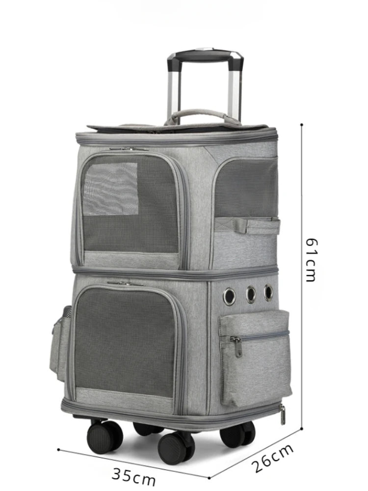 Sac à roulettes double couche pour animaux de compagnie avec roues silencieuses - Sac de transport de voyage portable et respirant pour chats et chiens