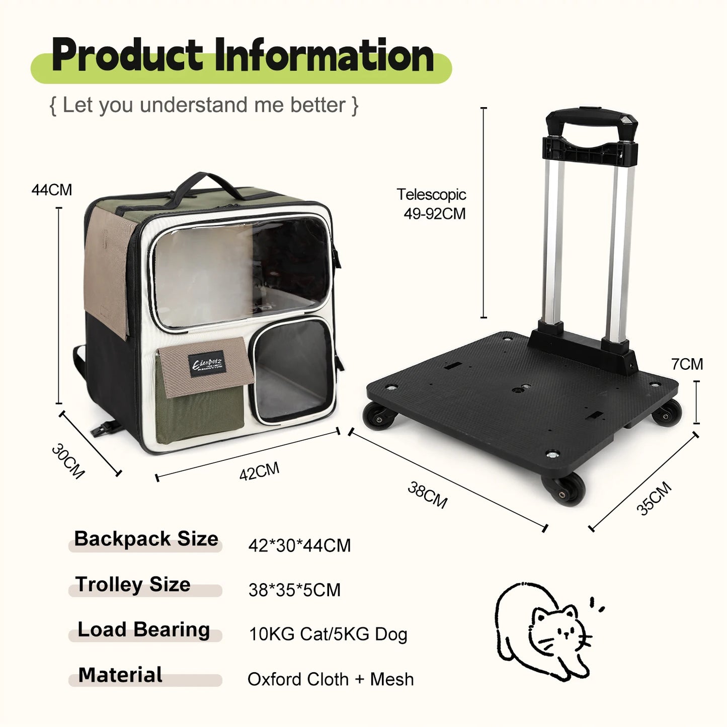Pet Dog Cat Trolley,Foldable Pet Backpack Stroller, 4 Universal Wheels Animal Travel House Suitcase Pet Wheel Carrier