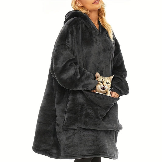Couverture à capuche en velours douillette avec poches géantes - Douce, chaude et lavable en machine | Pull polyvalent de couleur unie pour le confort et le style, vêtements de détente à la maison | Vêtements de couleur unie | Polyester pelucheux 