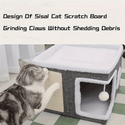 Maison de luxe à plusieurs étages pour chat - Lit à 2 niveaux et tunnel de jeu