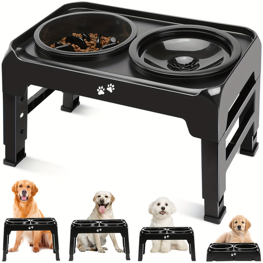 1 support de gamelle surélevé pour chien à alimentation lente, support de gamelle surélevé réglable sur 4 hauteurs avec bol de nourriture puzzle et bol d'eau anti-déversement pour chiens de taille moyenne et grande, ARSALI 