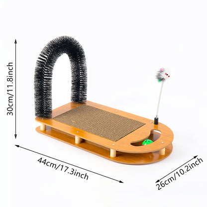 Planche à gratter multifonctionnelle 4 en 1 pour chat – Tapis à gratter en carton avec brosse à cheveux arquée et jouet en forme de balle pour chat