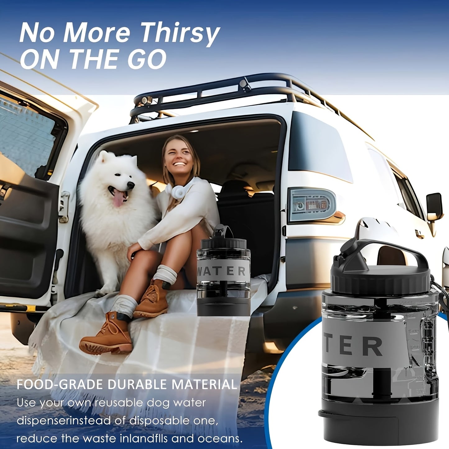 Bouteille d'eau pour chien Ocean Blue de grande capacité de 74 oz avec bol intégré - Portable et étanche pour la randonnée, le camping et les jeux au parc - Idéale pour les races de petite à moyenne taille 