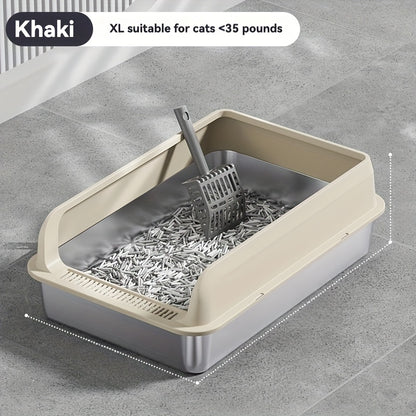 Bac à litière pour chat extra large en acier inoxydable avec couvercle anti-éclaboussures 