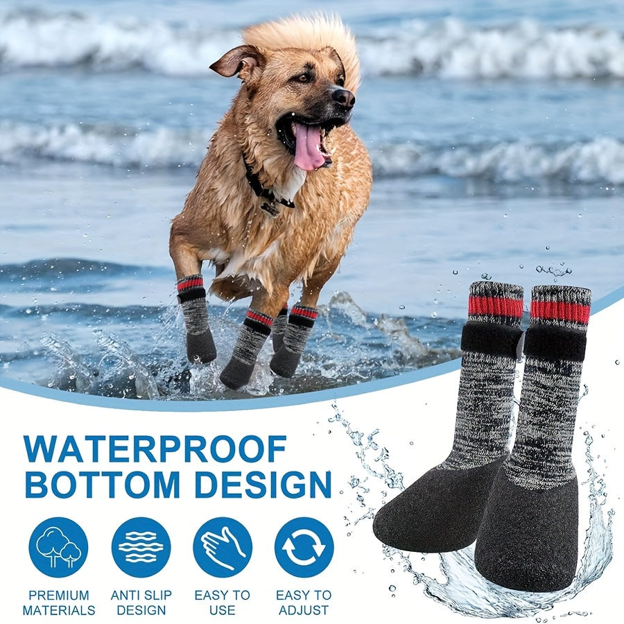 Striped All-Season Dog Boots: Machine Washable, Non-Slip Cotton, Polyester & Rubber, Water-Resistant Dog Socks for Small to Large Breeds, Adjustable Fastening - Protective Paw Gear for Indoor/Outdoor Use.