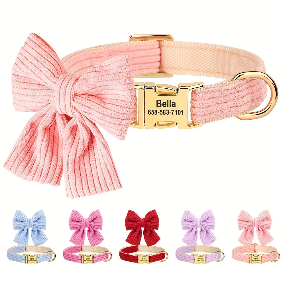 Collier pour chien en velours côtelé personnalisable avec nœud – Réglable et confortable pour les petites et moyennes races