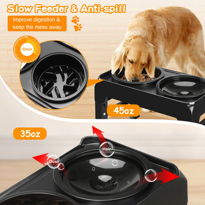 1 support de gamelle surélevé pour chien à alimentation lente, support de gamelle surélevé réglable sur 4 hauteurs avec bol de nourriture puzzle et bol d'eau anti-déversement pour chiens de taille moyenne et grande, ARSALI 