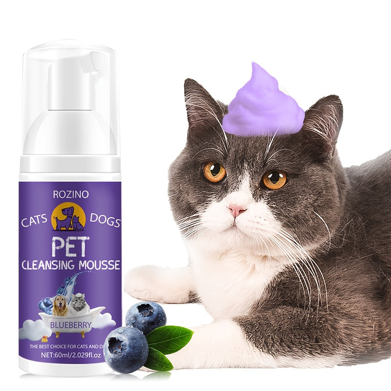Rozino Cats & Dogs Pet Cleansing Mousse, 60ml - Easy-to-Use, Gentle Formula with Blueberry Extract for a Fresh Scent, Ideal for All Breeds, Pet Hygiene Product|Petfriendly Design|Blueberry Scented