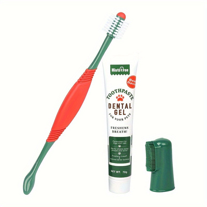 Kit de soins dentaires pour animaux de compagnie 3 pièces – Brosse à dents en silicone souple, dentifrice non toxique et gel pour haleine fraîche pour chiens et chats