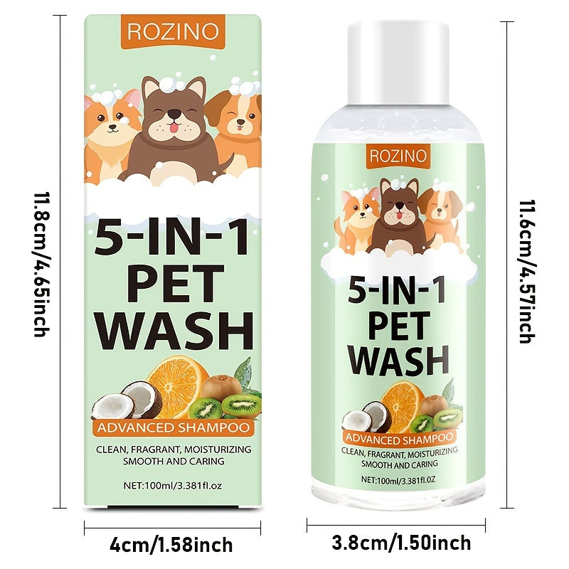 ROZINO 5-in-1 Haustier-Waschshampoo und Spülung, 100 ml – Universelles, tiefenreinigendes Haustierbad mit frischem Duft, feuchtigkeitsspendend, doppelte Hautpflege, Geruchsbeseitigung für sauberes, glattes, glänzendes Fell für Katzen und Hunde