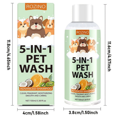 ROZINO 5-in-1 Haustier-Waschshampoo und Spülung, 100 ml – Universelles, tiefenreinigendes Haustierbad mit frischem Duft, feuchtigkeitsspendend, doppelte Hautpflege, Geruchsbeseitigung für sauberes, glattes, glänzendes Fell für Katzen und Hunde