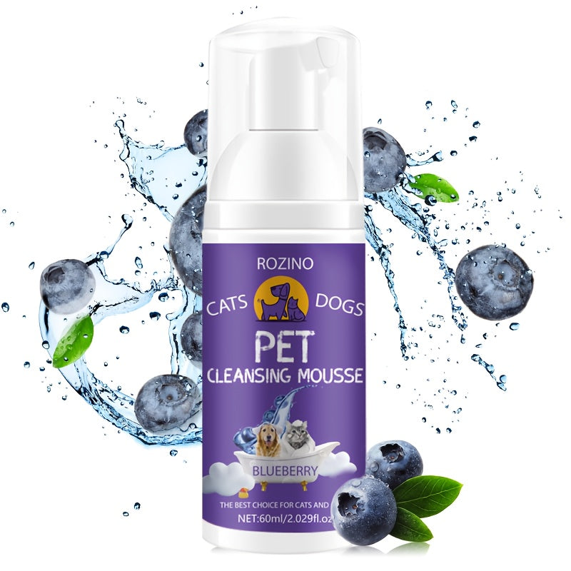 Rozino Cats & Dogs Pet Cleansing Mousse, 60ml - Easy-to-Use, Gentle Formula with Blueberry Extract for a Fresh Scent, Ideal for All Breeds, Pet Hygiene Product|Petfriendly Design|Blueberry Scented