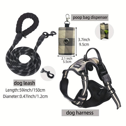 Ensemble de harnais anti-fuite pour chien 3 pièces avec laisse et distributeur de sacs à déjections canines – Réglable, réfléchissant et confortable pour chiens de taille moyenne et grande