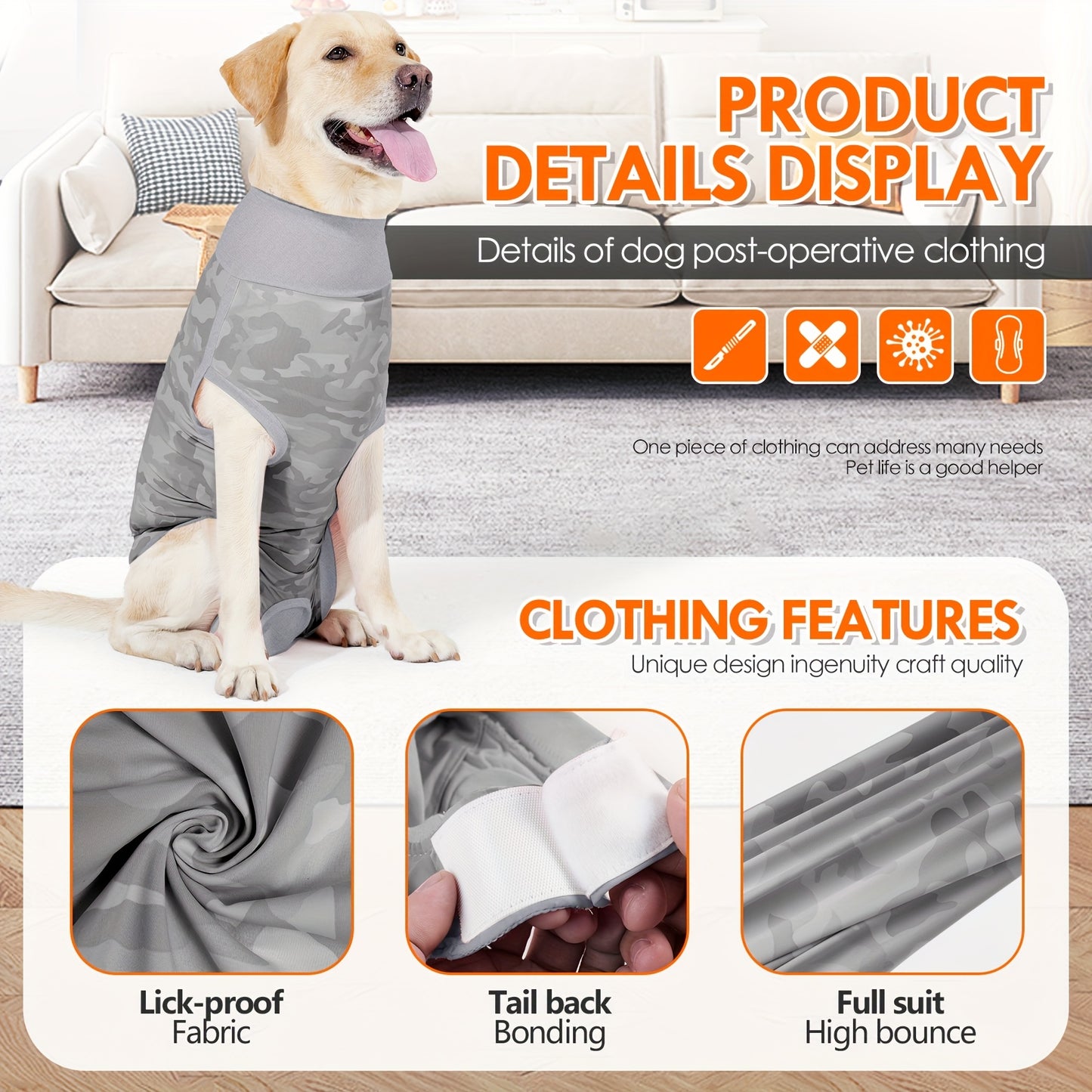 1-teiliger Genesungsanzug für Haustiere mit hohem Kragen, postoperative Hundekleidung aus Nylon und Elastan, einfaches An- und Ausziehen mit Magic Tape, leckfest, bequem für alle Jahreszeiten, Pullover aus Strickstoff für kleine bis große Hunderassen