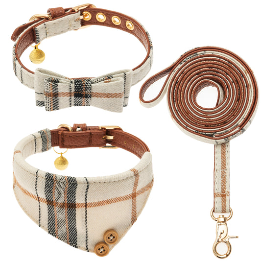 Ensemble de 3 colliers et laisses en cuir pour petit chien, nœud papillon à carreaux et bandana, joli collier pour chien avec clochette - Colliers réglables pour animaux de compagnie avec laisse de marche pour petit chien, chiot, chat