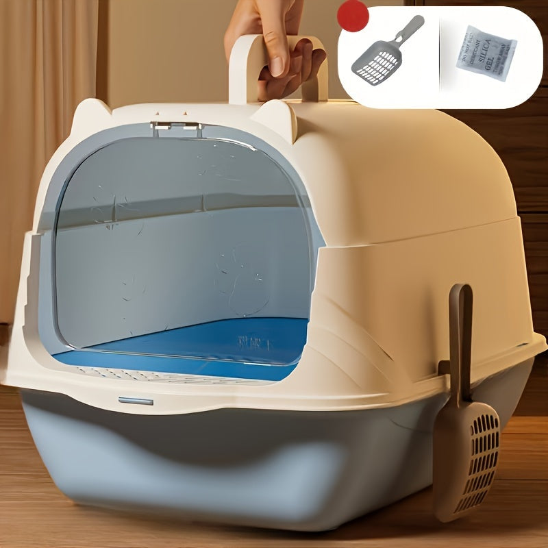 Bac à litière pour chat fermé de grande taille avec pelle et doublure, résistant aux éclaboussures et aux odeurs, matériau rectangulaire en silicone + PP, bac à litière pour chat entièrement fermé et facile à nettoyer, 1 pièce