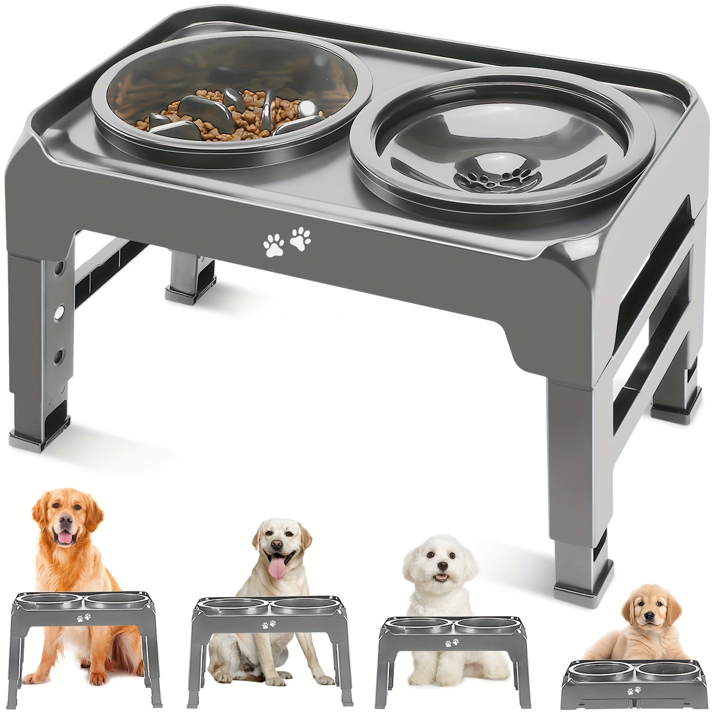1 support de gamelle surélevé pour chien à alimentation lente, support de gamelle surélevé réglable sur 4 hauteurs avec bol de nourriture puzzle et bol d'eau anti-déversement pour chiens de taille moyenne et grande, ARSALI 