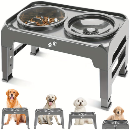 1 support de gamelle surélevé pour chien à alimentation lente, support de gamelle surélevé réglable sur 4 hauteurs avec bol de nourriture puzzle et bol d'eau anti-déversement pour chiens de taille moyenne et grande, ARSALI 