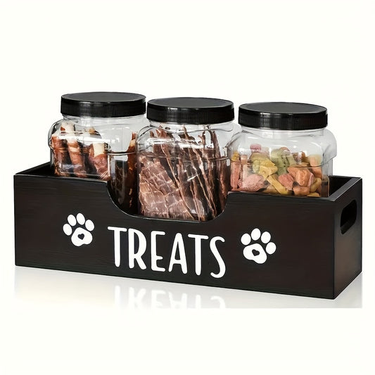 Porte-friandises en bois pour animaux de compagnie avec 3 bocaux hermétiques – Organisateur de style ferme pour le stockage des aliments pour chiens et chats