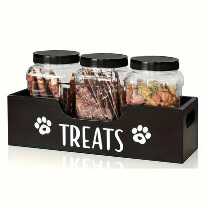Porte-friandises en bois pour animaux de compagnie avec 3 bocaux hermétiques – Organisateur de style ferme pour le stockage des aliments pour chiens et chats