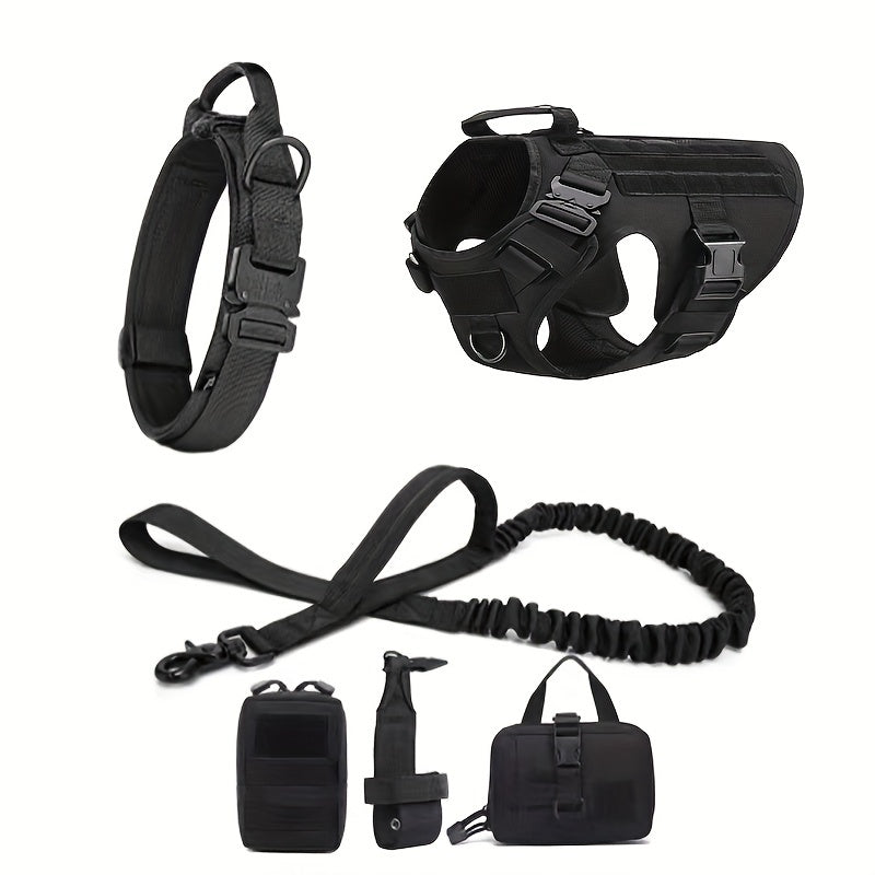 Tactical Dog Harness Set with Adjustable Training Vest, Leash, Collar, Water Bottle Holder, and Waist Bag for Small, Medium, Large Breeds - Durable Knit Fabric Composition with Press Buckle Closure System