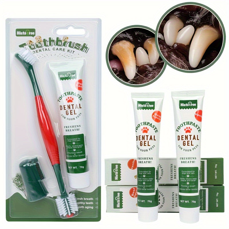 Kit de soins dentaires pour animaux de compagnie 3 pièces – Brosse à dents en silicone souple, dentifrice non toxique et gel pour haleine fraîche pour chiens et chats