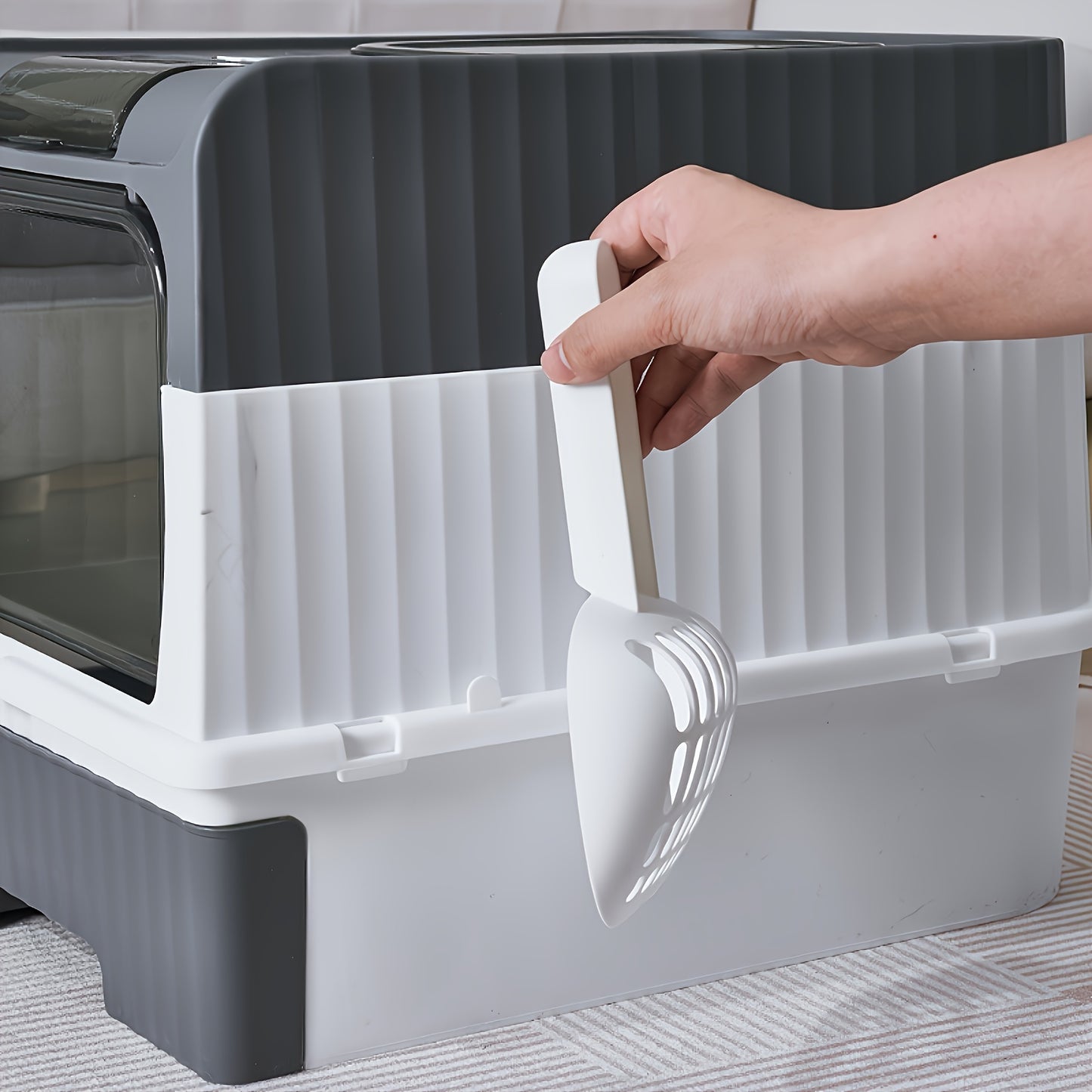 Bac à litière pour chat fermé avec tiroir, filtration d'air supérieure à double entrée, contrôle des odeurs anti-fuite, bac à litière rectangulaire en plastique pour chat avec pelle à litière incluse