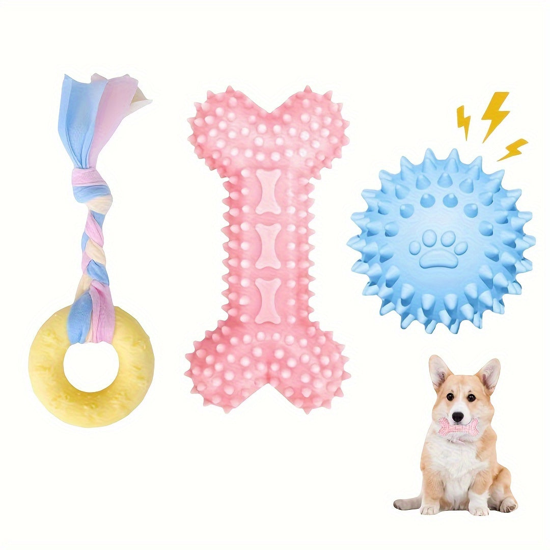 Lot de 3 jouets à mâcher en caoutchouc souple pour chiots pour la dentition – Ensemble d'os et de balle en corde durable avec nœud tressé, kit de jouets d'extérieur interactifs pour petits chiens, doux pour les gencives, jouets pour chiots