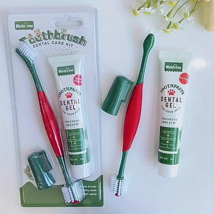 Kit de soins dentaires pour animaux de compagnie 3 pièces – Brosse à dents en silicone souple, dentifrice non toxique et gel pour haleine fraîche pour chiens et chats