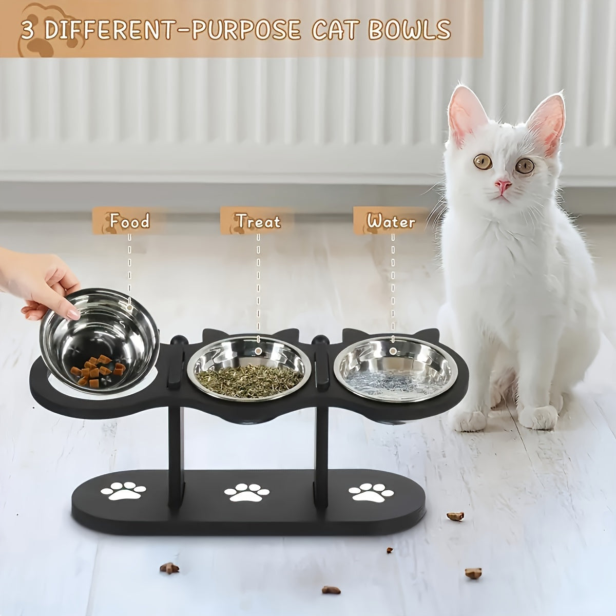 3pcs Adjustable Elevated Cat Bowls with Stainless Steel Inserts - 15-Degree Tilted, Height-Adjustable for Cats & Small Pets, Easy to Clean & Portable, Ideal for Food & Water, Cat Food Bowls