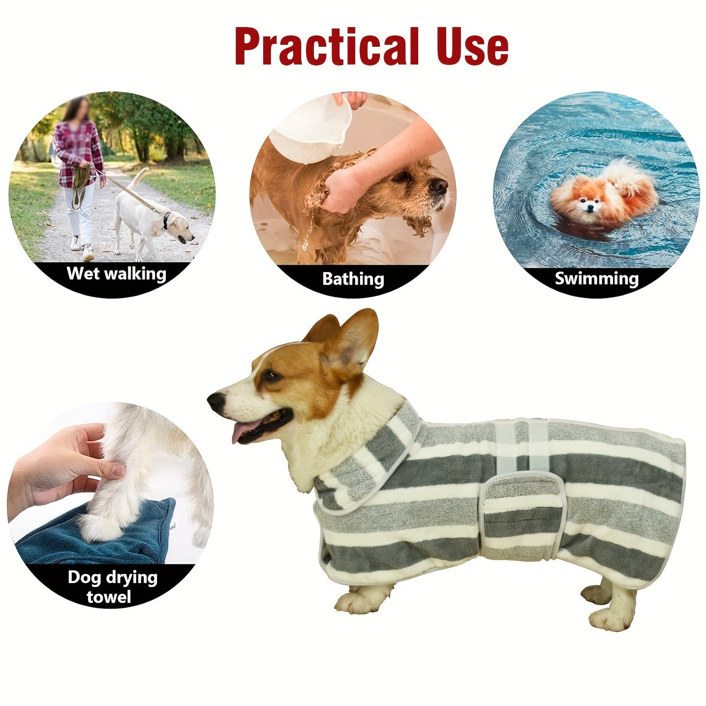 Serviette de bain rayée à séchage rapide pour chien - Peignoir de séchage pour chien en polyester super absorbant et réglable - Parfait pour le bain, les promenades humides et la natation