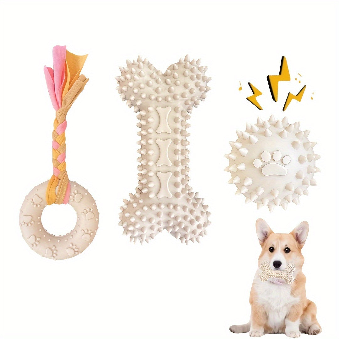 Lot de 3 jouets à mâcher en caoutchouc souple pour chiots pour la dentition – Ensemble d'os et de balle en corde durable avec nœud tressé, kit de jouets d'extérieur interactifs pour petits chiens, doux pour les gencives, jouets pour chiots