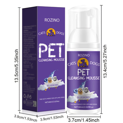 Rozino Cats & Dogs Pet Cleansing Mousse, 60ml - Easy-to-Use, Gentle Formula with Blueberry Extract for a Fresh Scent, Ideal for All Breeds, Pet Hygiene Product|Petfriendly Design|Blueberry Scented