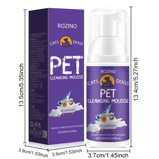 Rozino Cats & Dogs Pet Cleansing Mousse, 60ml - Easy-to-Use, Gentle Formula with Blueberry Extract for a Fresh Scent, Ideal for All Breeds, Pet Hygiene Product|Petfriendly Design|Blueberry Scented