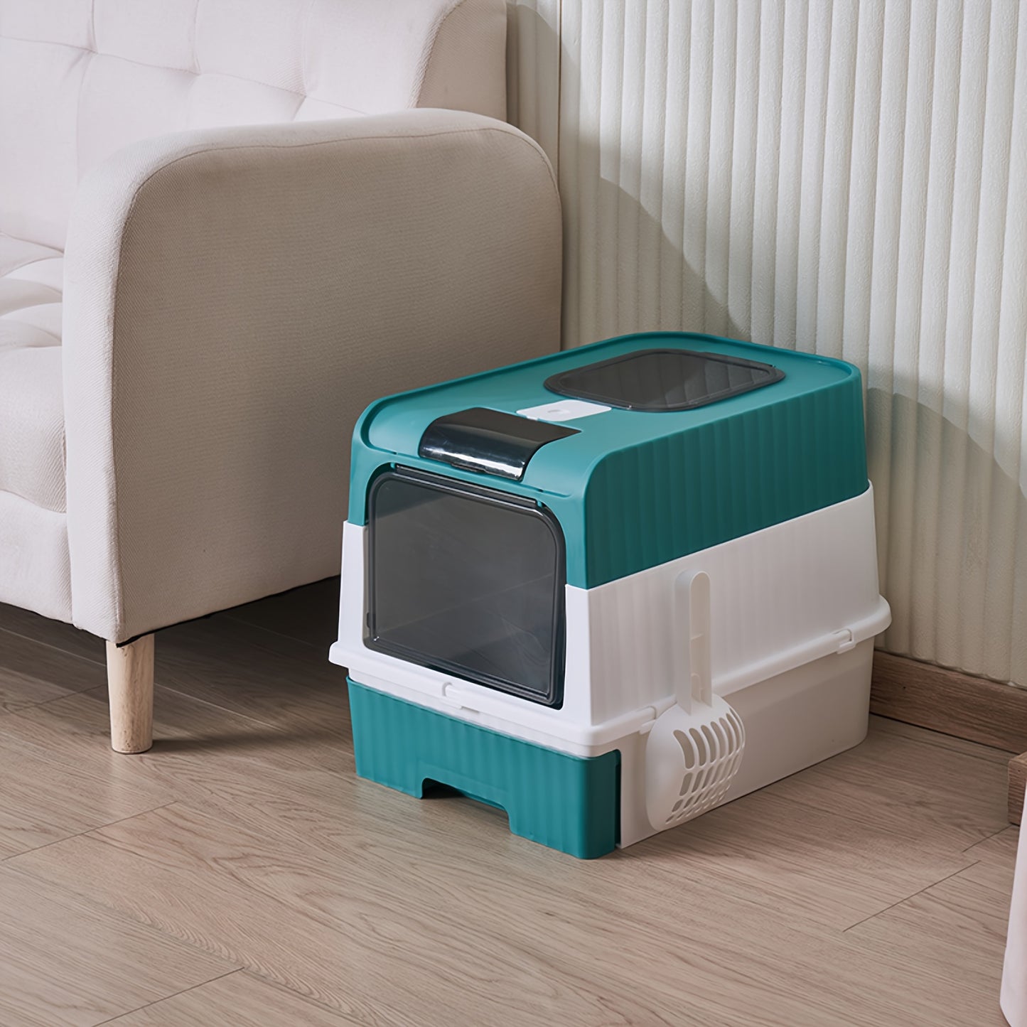 Bac à litière pour chat fermé avec tiroir, filtration d'air supérieure à double entrée, contrôle des odeurs anti-fuite, bac à litière rectangulaire en plastique pour chat avec pelle à litière incluse