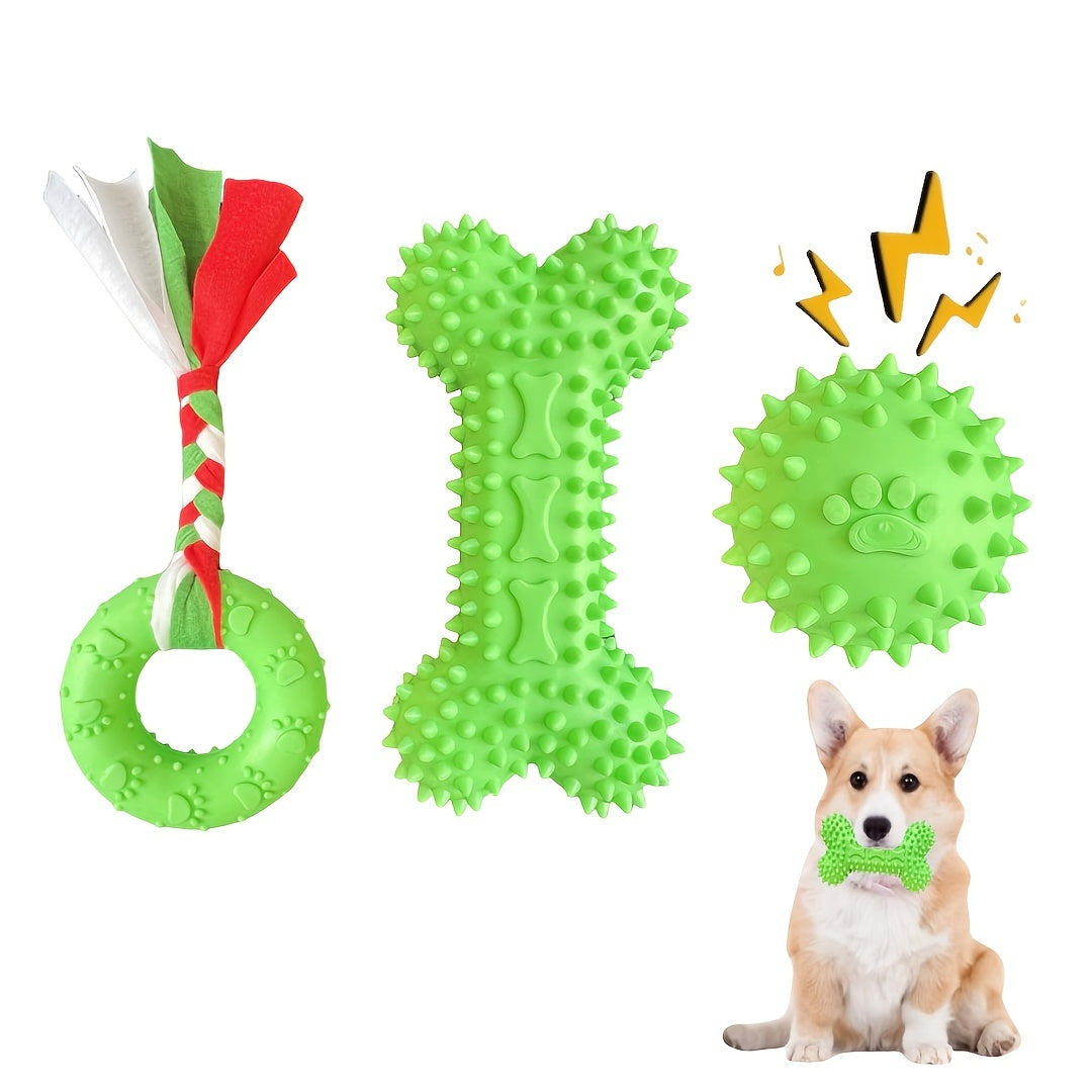 Lot de 3 jouets à mâcher en caoutchouc souple pour chiots pour la dentition – Ensemble d'os et de balle en corde durable avec nœud tressé, kit de jouets d'extérieur interactifs pour petits chiens, doux pour les gencives, jouets pour chiots