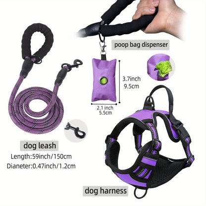 Ensemble de harnais anti-fuite pour chien 3 pièces avec laisse et distributeur de sacs à déjections canines – Réglable, réfléchissant et confortable pour chiens de taille moyenne et grande