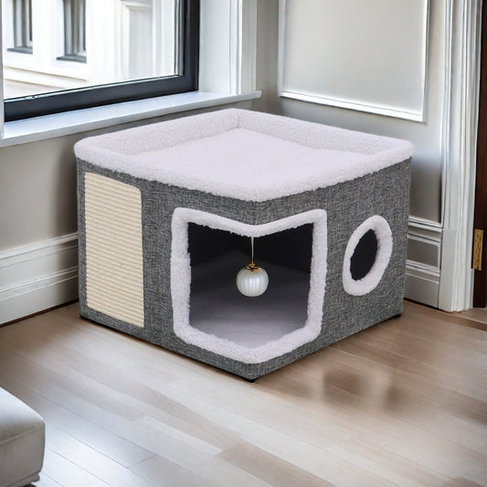 Maison de luxe à plusieurs étages pour chat - Lit à 2 niveaux et tunnel de jeu