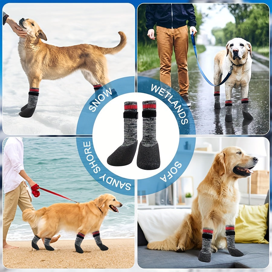 Striped All-Season Dog Boots: Machine Washable, Non-Slip Cotton, Polyester & Rubber, Water-Resistant Dog Socks for Small to Large Breeds, Adjustable Fastening - Protective Paw Gear for Indoor/Outdoor Use.